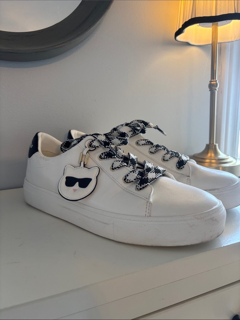 Karl Lagerfeld White Sneakers with Black Details and Cat and Karl  Charms